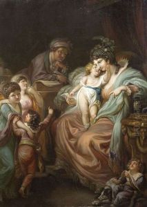 Familiengluck. Eine Mutter Wird Beim Briefelesen In Einer Studierstube Von Ihren Kindern Aufgesucht by Johann Eleazar Schenau