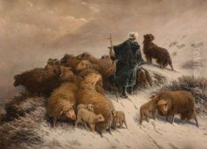 A Shepherd And Flock In The Snow by August Friedrich Albrecht Schenck