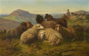 Hirtin Mit Schafherde In Hugellandschaft by August Friedrich Albrecht Schenck