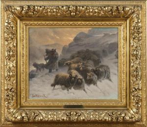 Berger Et Troupeau Dans Une Tempete De Neige by August Friedrich Albrecht Schenck