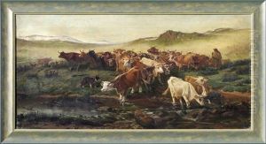 Troupeau De Vaches En Auvergne by August Friedrich Albrecht Schenck