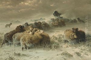 A Shepherd With His Flock In A Snowstorm by August Friedrich Albrecht Schenck
