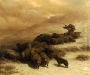 Shepherd And Flock On A Snowy Mountain Side
