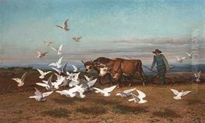 Landmanden Plojer Sin Mark Ved Hjaelp Af To Koer, Mens Duerne Flokkes Om Dem by August Friedrich Albrecht Schenck