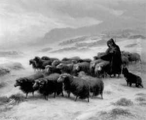 Flock Of Sheep In The Snow by August Friedrich Albrecht Schenck