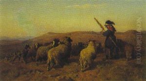 Hirtin Mit Schafen In Sudlicher Gebirgslandschaft by August Friedrich Albrecht Schenck