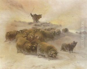A Winter Landscape With A Shepherd And His Flock In A Blizzard