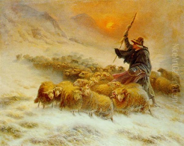 Berger Et Moutons Dans La Neige - view 1