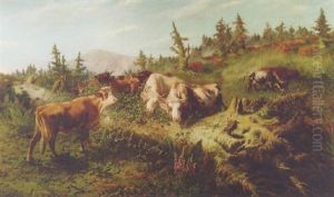 Cows In A Mountain Landscape by August Friedrich Albrecht Schenck