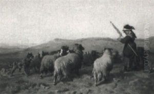 Hirtin Mit Schafen In Sudlicher Gebirgslandschaft by August Friedrich Albrecht Schenck
