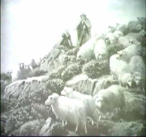 Hirtenidyll, Schafer Mit Hirtenmadchen Und Schafen In       Heidelandschaft thumbnail