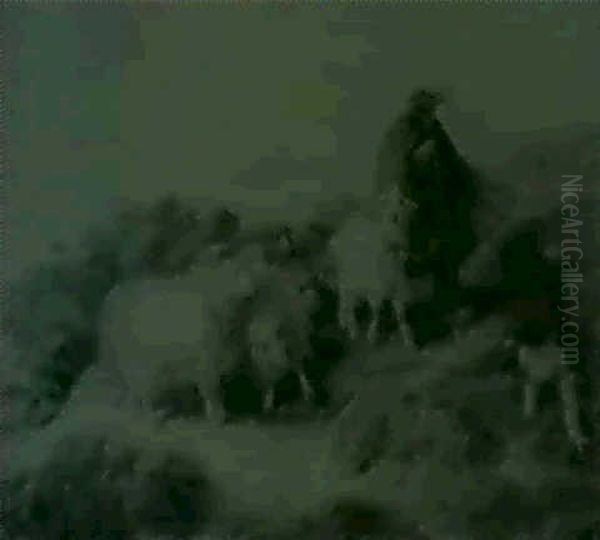 A Shepherd And His Flock Caught In A Wintry Squall - view 1