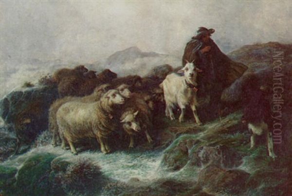 Herder And Flock In Misty Mountain Landscape - view 1