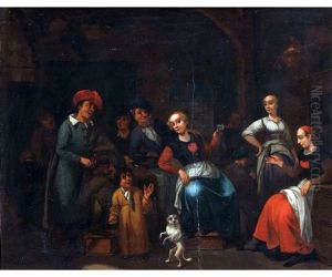 Interior Scene With Figures And Dancing Dog by Bernardus Van Schendel