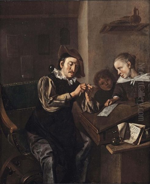A School Interior With The Head Master Sharpening A Pencil While Two Children Look On - view 1