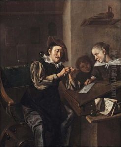 A School Interior With The Head Master Sharpening A Pencil While Two Children Look On by Bernardus Van Schendel