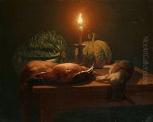 Still Life With Ducks, Rabbit, Pumpkin, And Cabbage By Candlelight by Petrus van Schendel