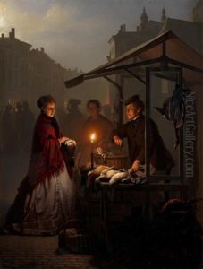At The Poultry Stall On The Groenmarkt, The Hague by Petrus van Schendel
