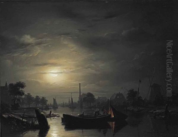 A River Landscape In Silver Moonlight - view 1