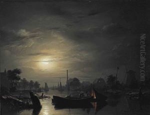 A River Landscape In Silver Moonlight by Petrus van Schendel