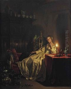An Interior With An Elegant Lady In A White Satin Gown And A Parrot by Petrus van Schendel