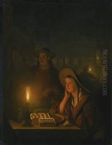 Fruit Sellers By The Light Of A Paraffin Lamp by Petrus van Schendel