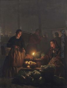 Groentemarkt Bij Avond: A Vegetable Seller Offering Her Wares by Petrus van Schendel