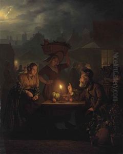 A Stallholder With Fruit, Vegetables And Flowers At A Nightmarket by Petrus van Schendel