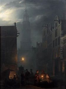 Scene De Marche Nocturne A Amsterdam by Petrus van Schendel