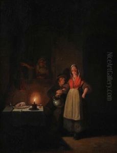 Vieil Homme Et Servante A La Lumiere D`une Bougie by Petrus van Schendel
