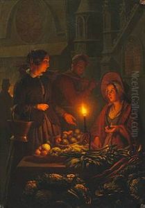 A Dutch Night Market With A Woman Selling Vegetables By Candlelight by Petrus van Schendel