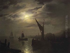 A Moonlit Harbour by Petrus van Schendel