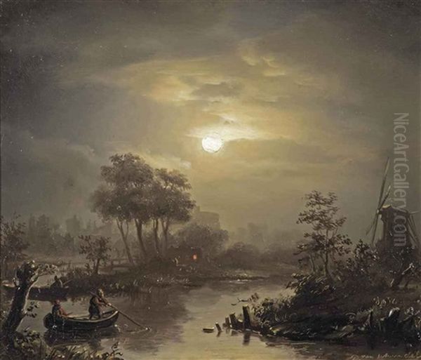A Moonlit River Landscape, With A Town In The Distance - view 1
