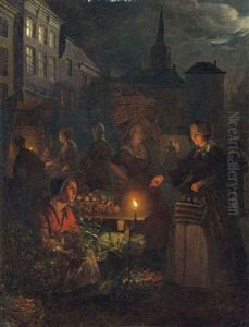 A Moonlit Vegetable Market On De Grote Markt, The Hague by Petrus van Schendel