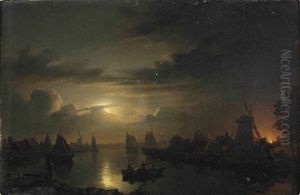 A Moonlit River With A Fire Blazing In The Background by Petrus van Schendel