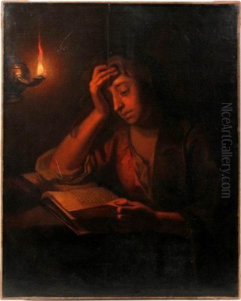 Woman Reading By Candle Light - view 1