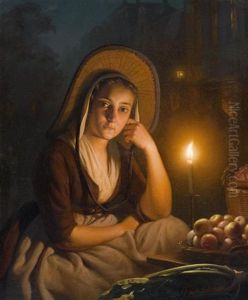 Junge Fruchteverkauferin Bei Kerzenschein by Petrus van Schendel