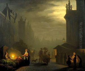 Hollandischer Gemusemarkt Bei Mondschein by Petrus van Schendel