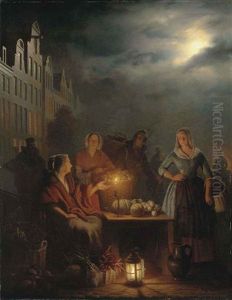 A Moonlit Market by Petrus van Schendel