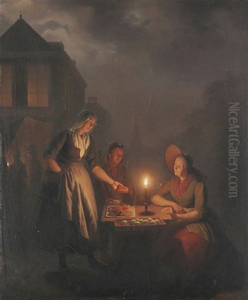 Abendmarkt. Alte Frau Bietet Bei Mondlicht Brotchen Und Apfel An - view 1