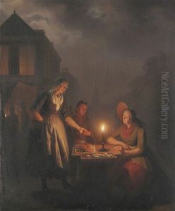 Abendmarkt. Alte Frau Bietet Bei Mondlicht Brotchen Und Apfel An by Petrus van Schendel