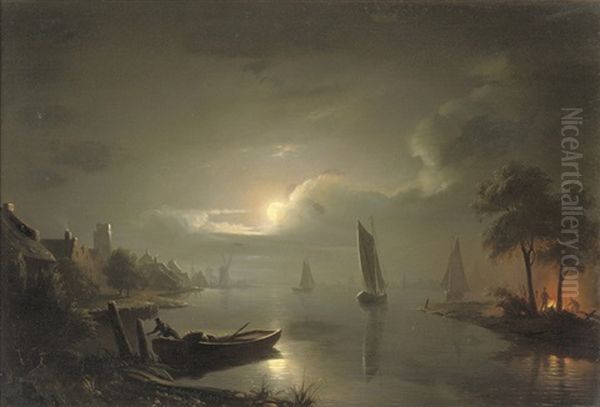 Maanenschijn: Sailing At Night Near Rotterdam With The St. Laurenskerk Beyond - view 1
