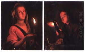 Jeune Fille A La Bougie (+ Jeune Garcon A La Bougie; 2 Works) by Petrus van Schendel