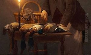 Game Birds On A Table Lit Up By A Candle