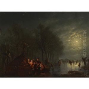 Skaters Near A Koek En Zopie In A Moonlit Landscape