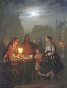 A Vegetable Market By Night On The Groenmarkt, The Hague by Petrus van Schendel