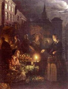A Woman Buying Vegetables At A Market Stall, Lit By Candlelight