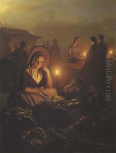A Girl Selling Vegetables At The Night-market With The Dam Palace And The Nieuwe Kerk In The Distance, Amsterdam