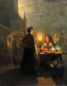 Market Stall By Moonlight by Petrus van Schendel