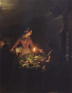 A Vegetable Seller By Candlelight by Petrus van Schendel